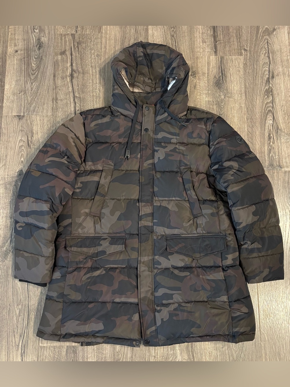 Calvin Klein Men's Sherpa Hooded Puffer Jacket Camouflage Size X Large NEW